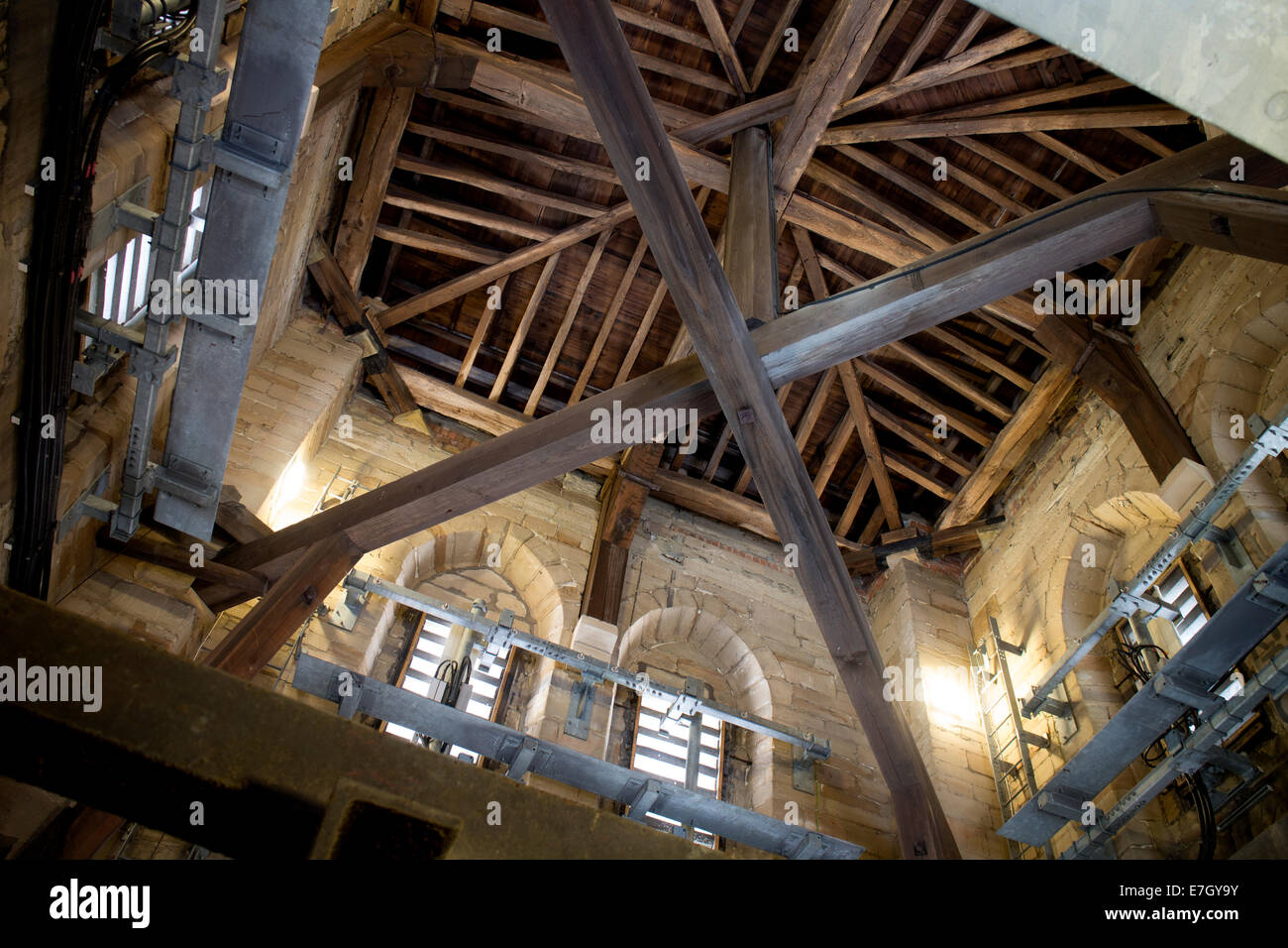 The bell chamber with mobile phone equipment, St. Mary`s Church, Warwick, Warwickshire, England, UK Stock Photo